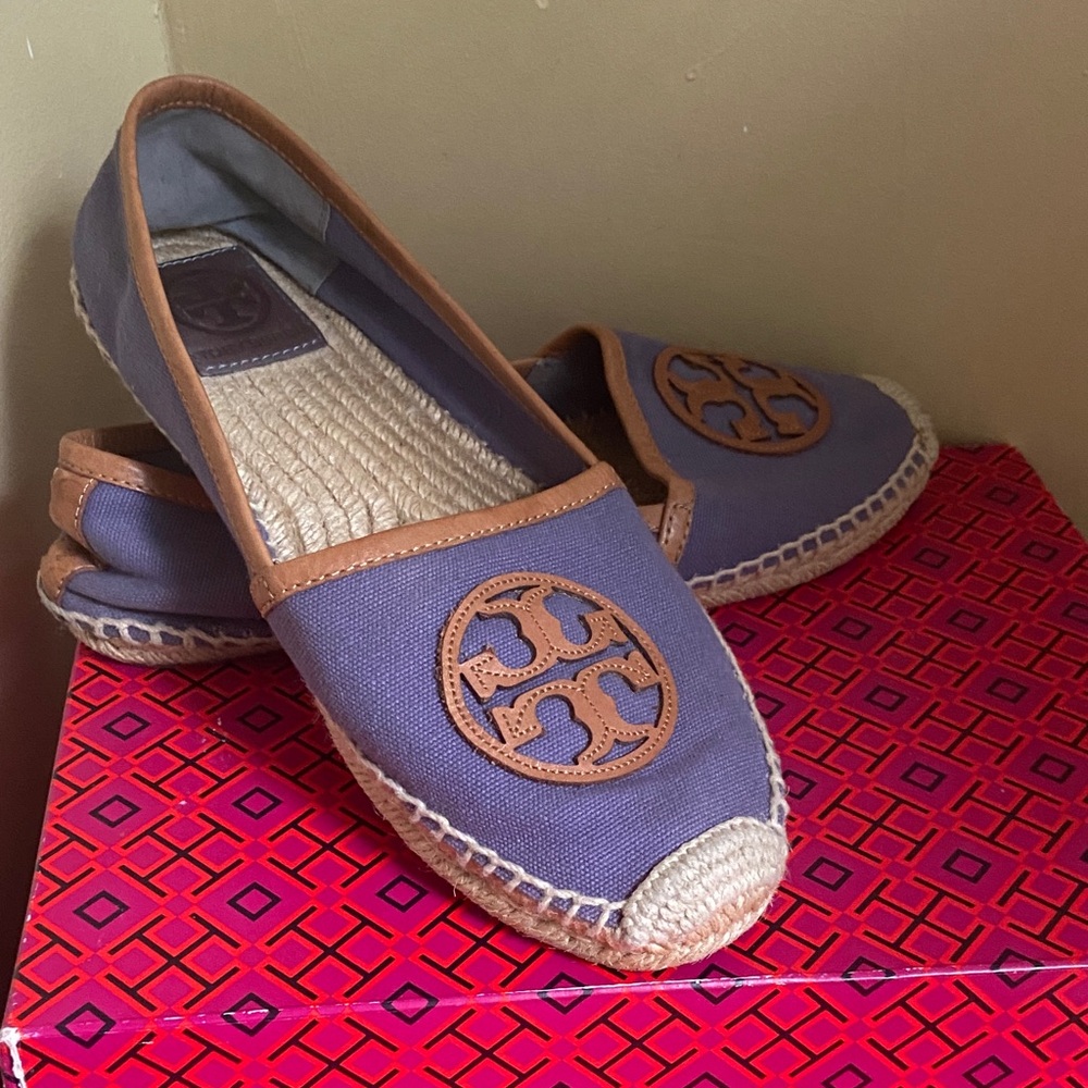 Tory Burch Purple Canvas Espadrille Flats with Tan Leather Trim - Picture 5 of 5